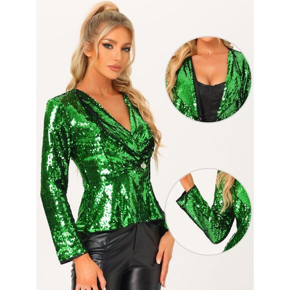 Sequin Jacket Lapel Blazer 1 Button Sparkle Party Green - Picture 2 of 6
